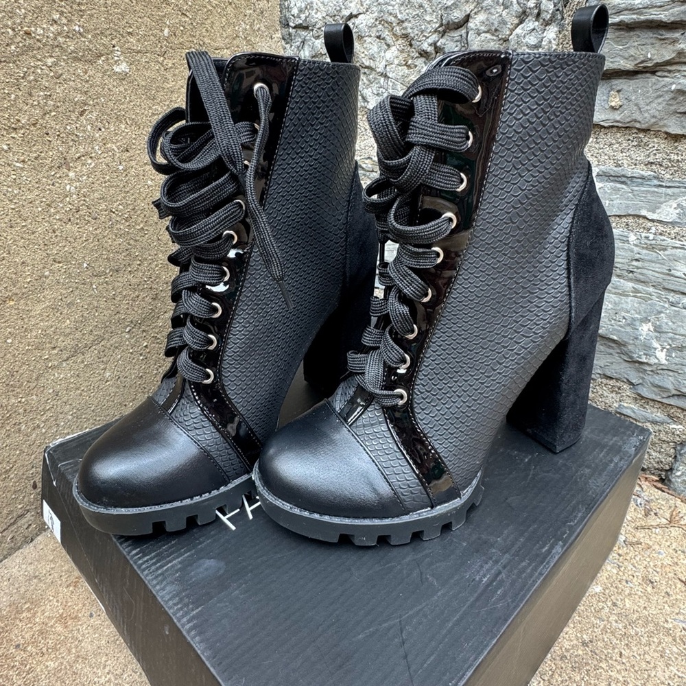 Fashion Nova Black Lace Up Boots- Taking No Chances Booties